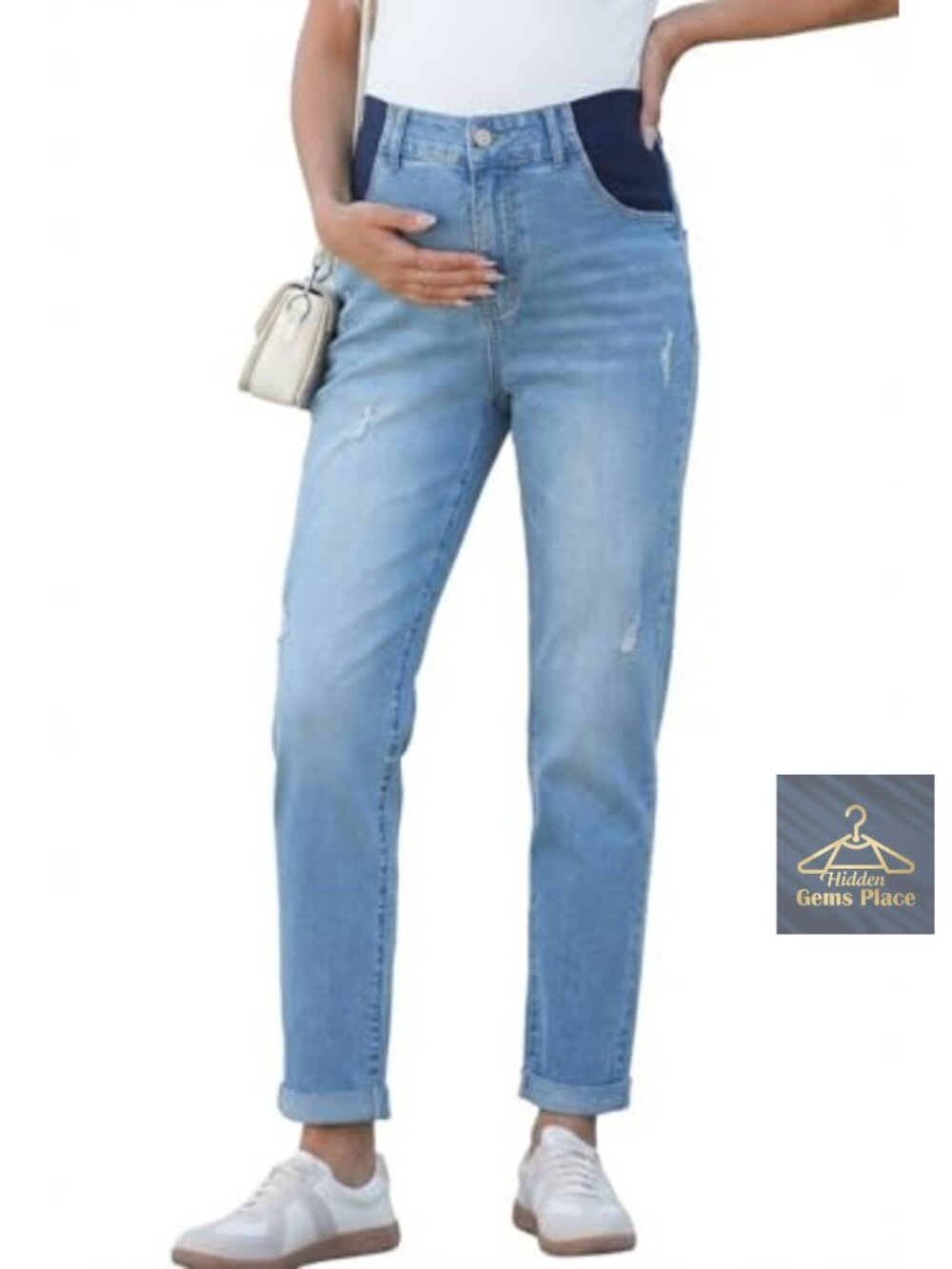 Maternity Jeans High Rise Stretchy Waistband Straight Leg Cuffed Ankle